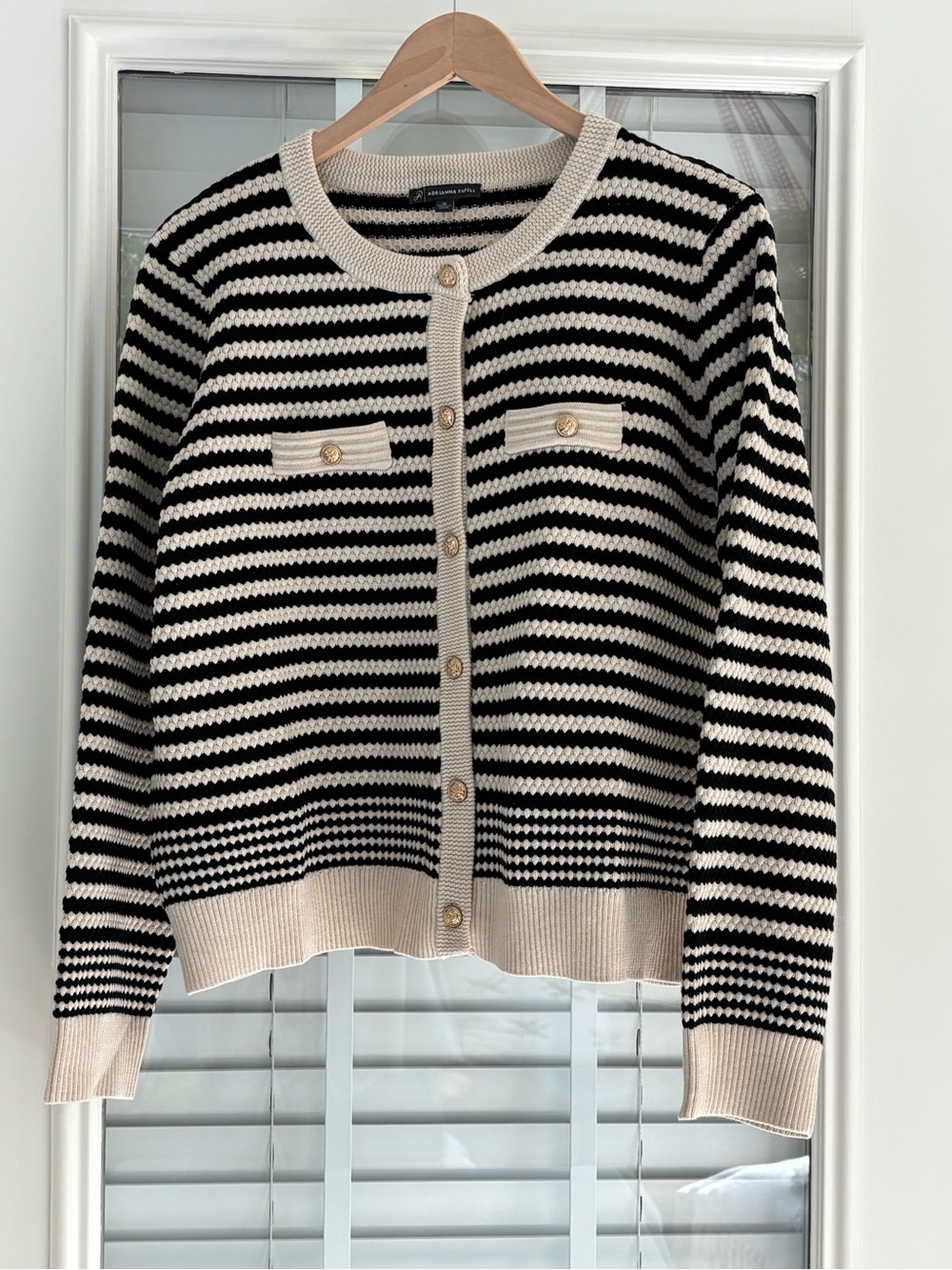 Adrianna Papell Black and Cream Striped Knit Cardigan with Gold Buttons, XL